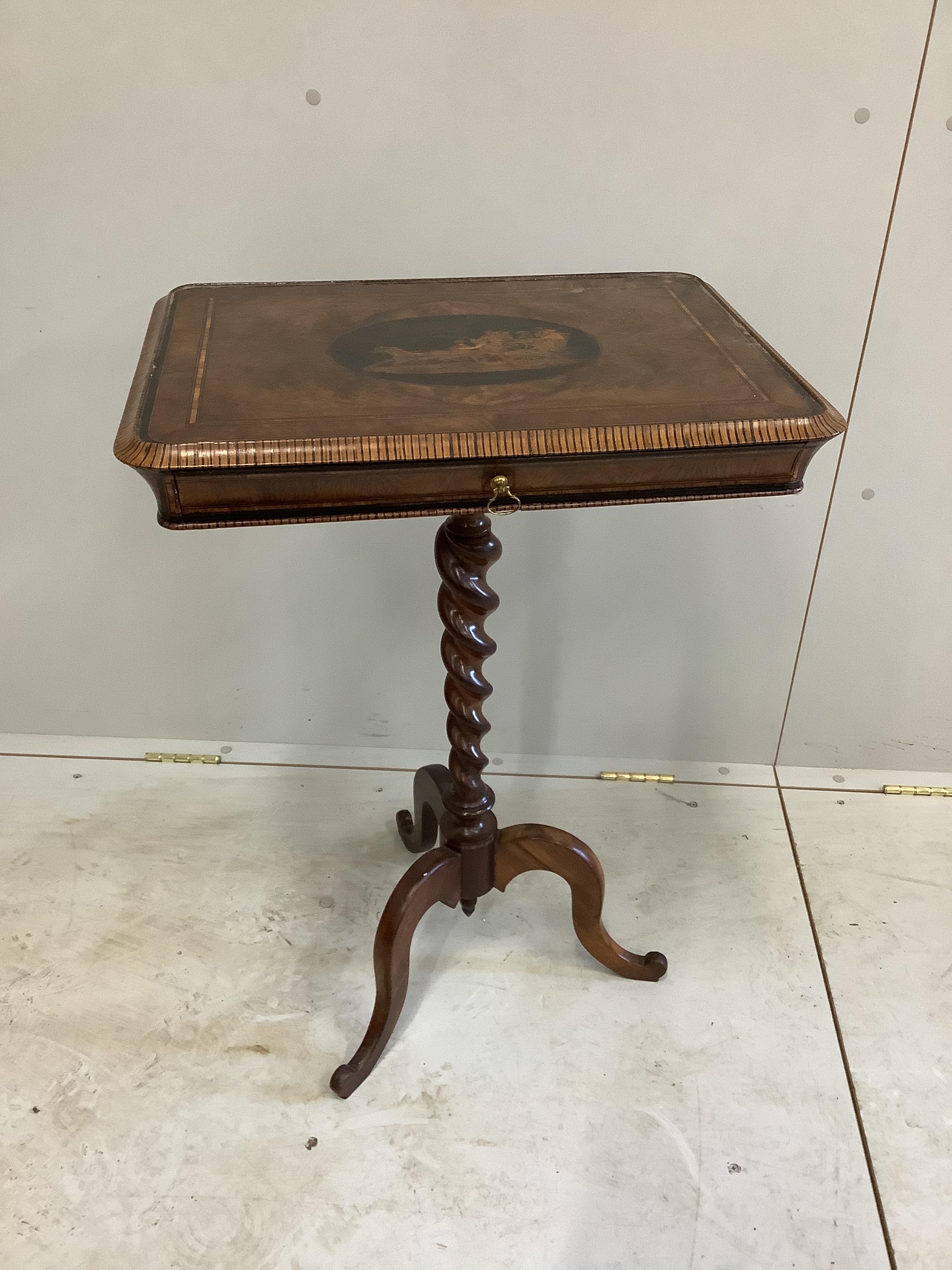 A 19th century Sorrento marquetry rectangular walnut tripod table on barley twist stem, width 53cm, depth 40cm, height 78cm